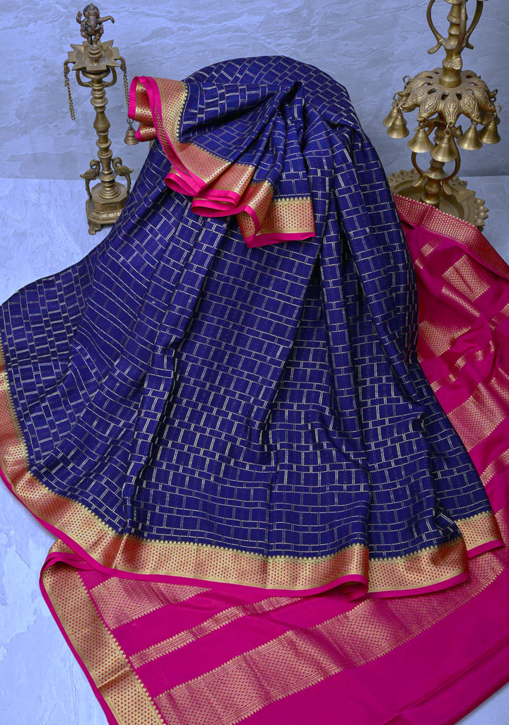 Purple Mysore Silk Saree with Zari Checks and Zari Border in KSIC Grade Thickness | SILK MARK CERTIFIED