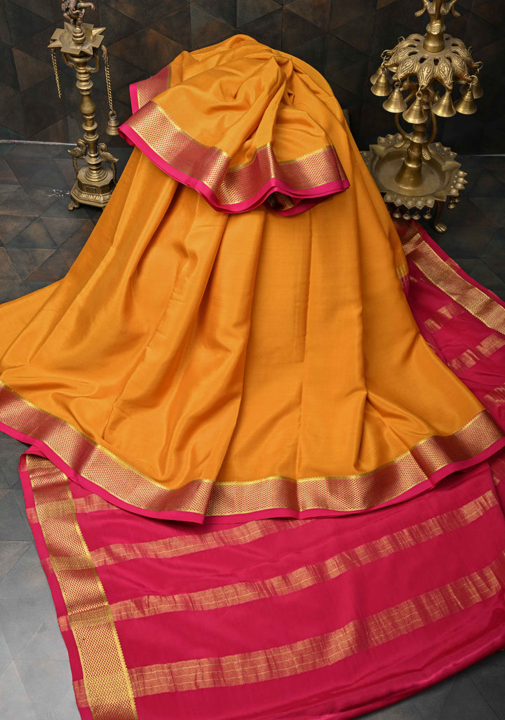 Mustard Yellow Mysore Silk Saree with Zari borders in Ksic Grade thickness | SILK MARK CERTIFIED