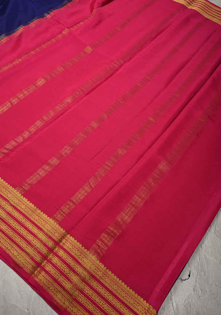Ink Blue Mysore Silk Saree with Contrast Zari Borders in KSIC Grade Thickness | SILK MARK CERTIFIED
