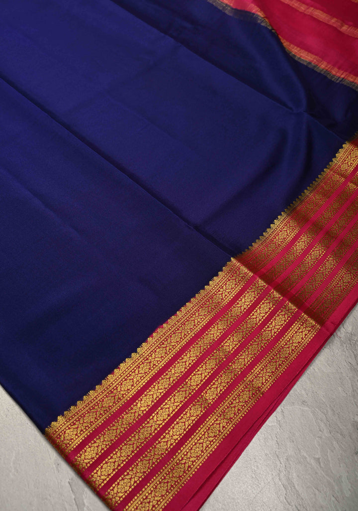 Ink Blue Mysore Silk Saree with Contrast Zari Borders in KSIC Grade Thickness | SILK MARK CERTIFIED