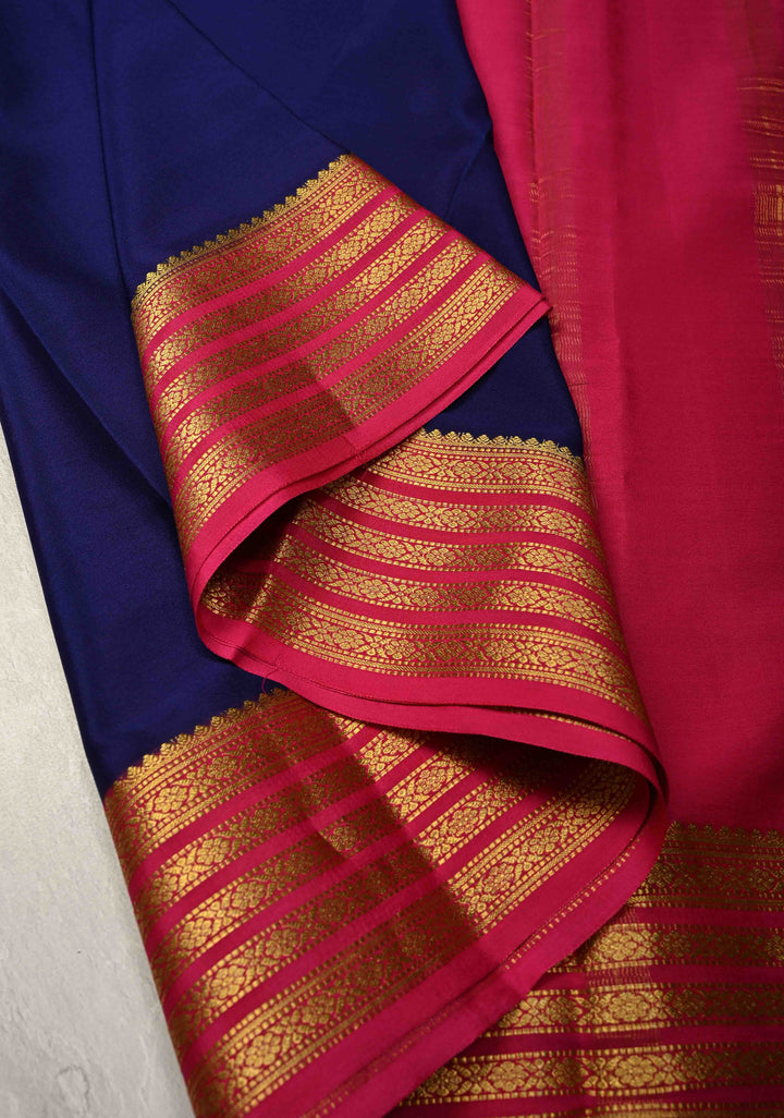 Ink Blue Mysore Silk Saree with Contrast Zari Borders in KSIC Grade Thickness | SILK MARK CERTIFIED