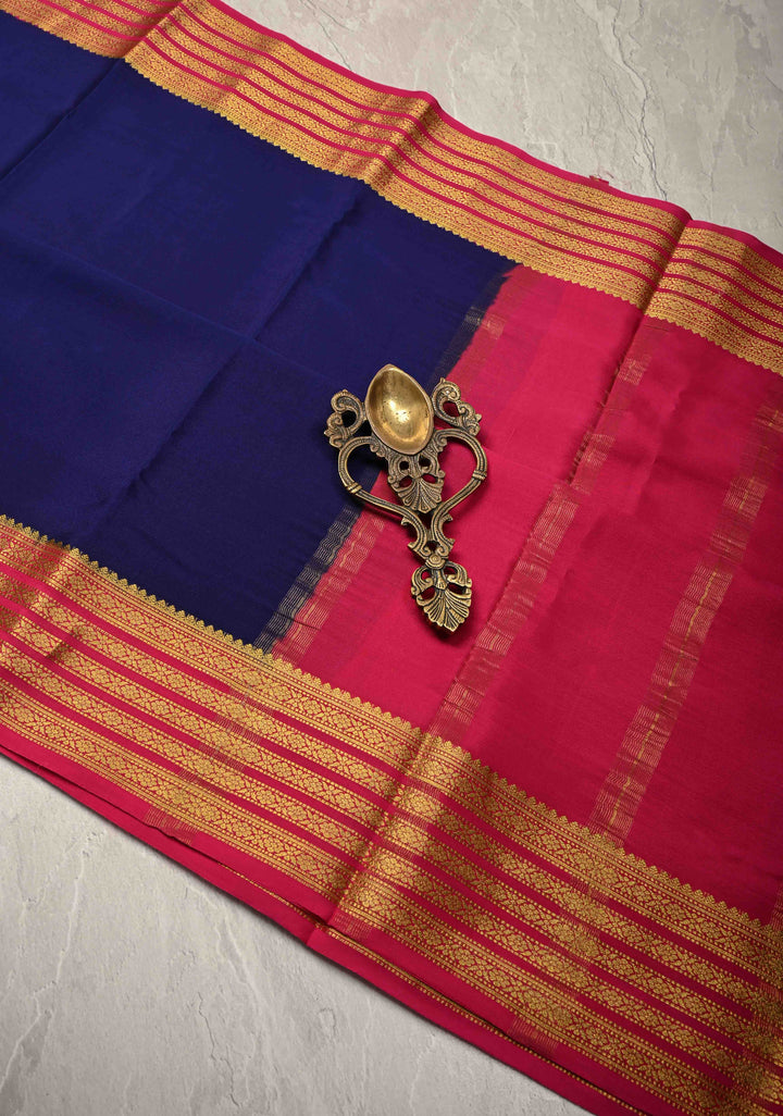 Ink Blue Mysore Silk Saree with Contrast Zari Borders in KSIC Grade Thickness | SILK MARK CERTIFIED