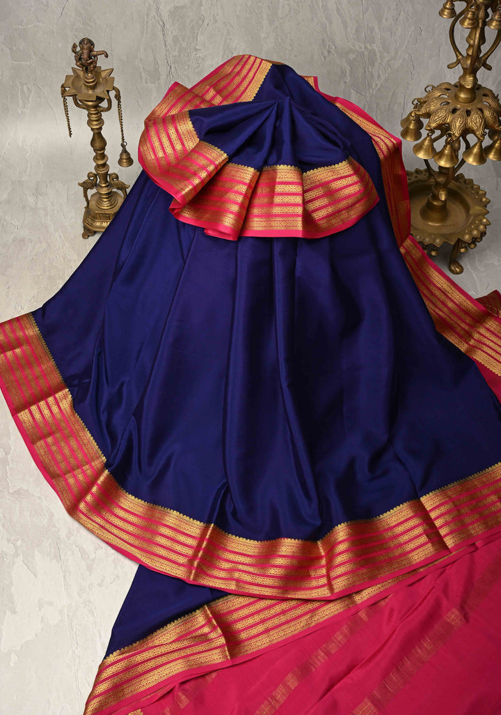 Ink Blue Mysore Silk Saree with Contrast Zari Borders in KSIC Grade Thickness | SILK MARK CERTIFIED