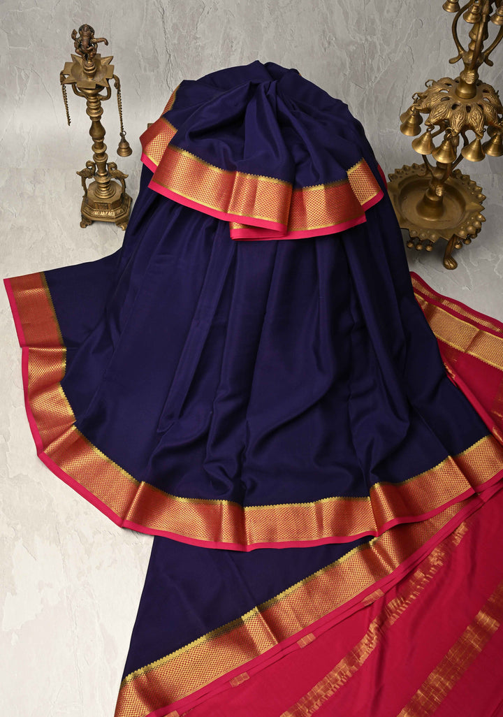 Ink Purple Mysore Silk Saree with Contrast Zari Borders in KSIC Grade Thickness | SILK MARK CERTIFIED