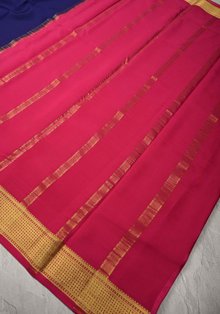 Ink Blue Mysore Silk Saree with Contrast Zari Borders in KSIC Grade Thickness | SILK MARK CERTIFIED