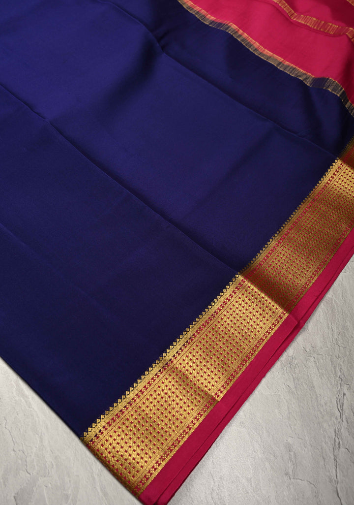 Ink Blue Mysore Silk Saree with Contrast Zari Borders in KSIC Grade Thickness | SILK MARK CERTIFIED