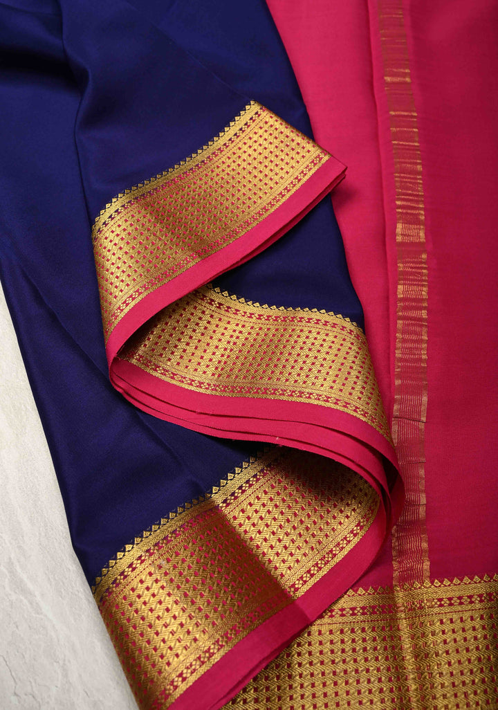 Ink Blue Mysore Silk Saree with Contrast Zari Borders in KSIC Grade Thickness | SILK MARK CERTIFIED