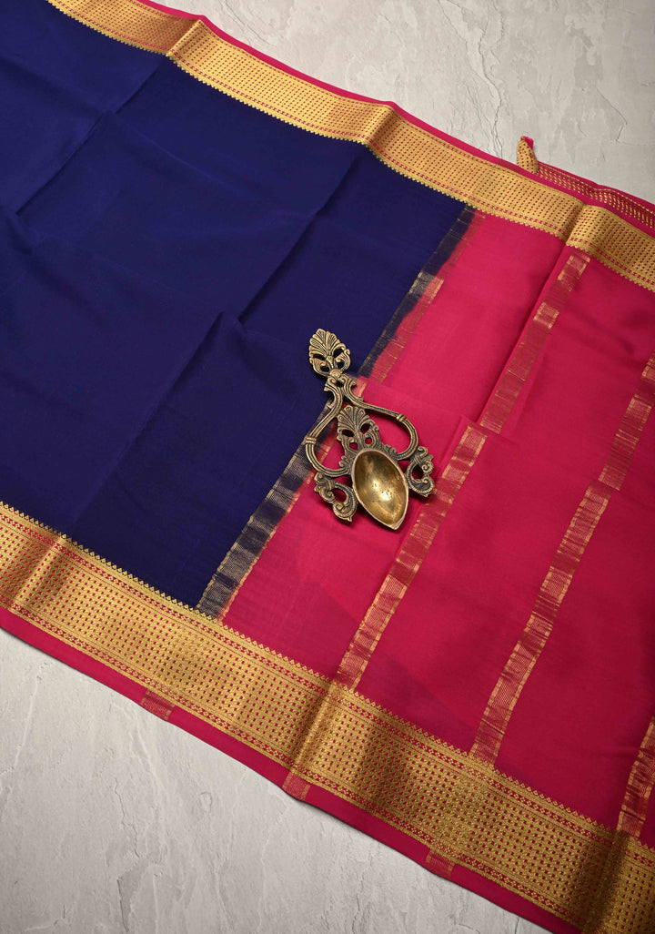 Ink Blue Mysore Silk Saree with Contrast Zari Borders in KSIC Grade Thickness | SILK MARK CERTIFIED