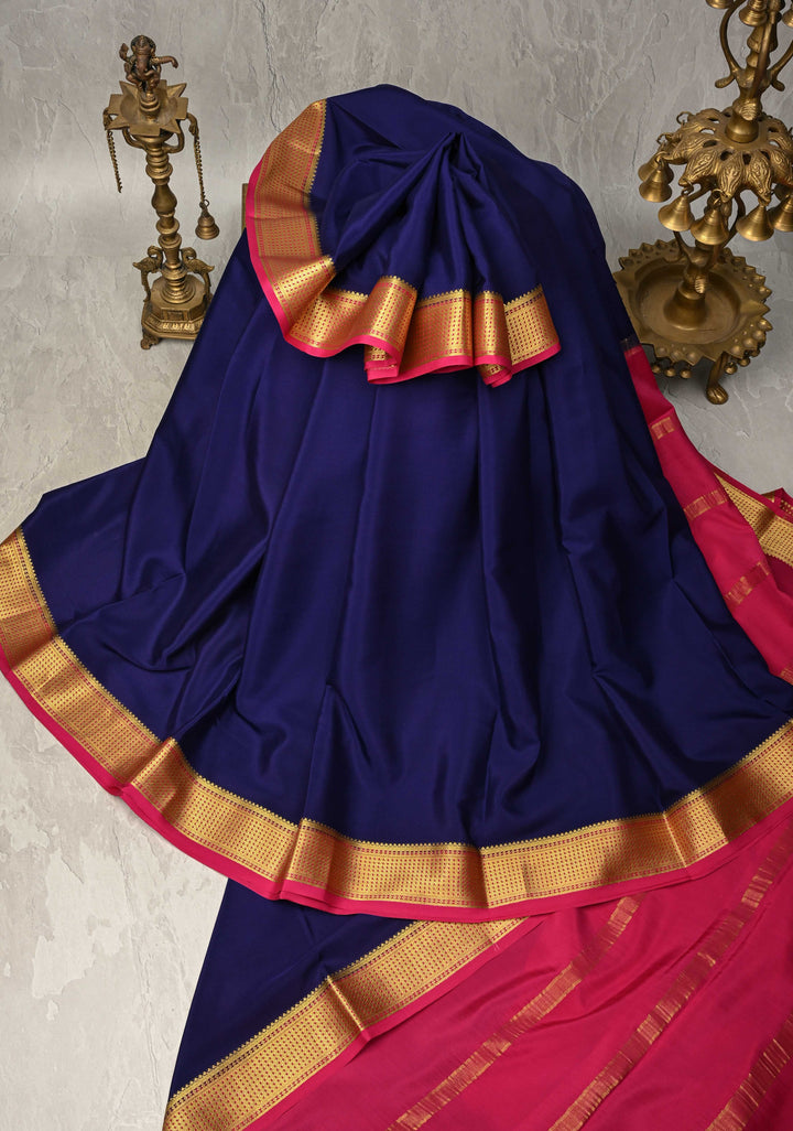 Ink Blue Mysore Silk Saree with Contrast Zari Borders in KSIC Grade Thickness | SILK MARK CERTIFIED