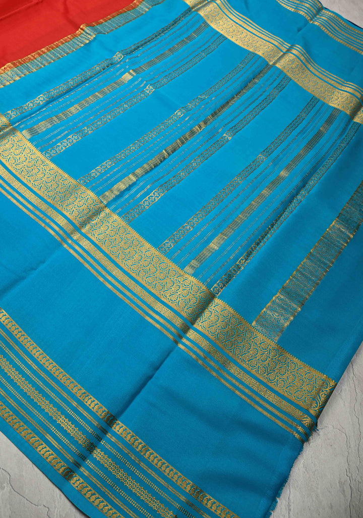 Carmine Red Mysore Silk Saree with Blue Panel and Zari Border in KSIC Grade Thickness | SILK MARK CERTIFIED