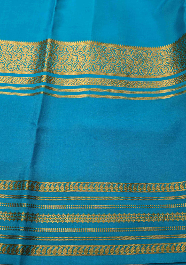 Carmine Red Mysore Silk Saree with Blue Panel and Zari Border in KSIC Grade Thickness | SILK MARK CERTIFIED