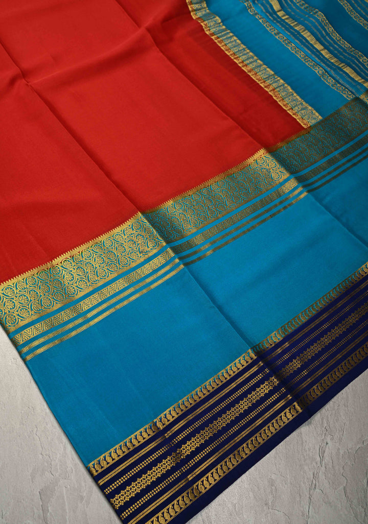 Carmine Red Mysore Silk Saree with Blue Panel and Zari Border in KSIC Grade Thickness | SILK MARK CERTIFIED