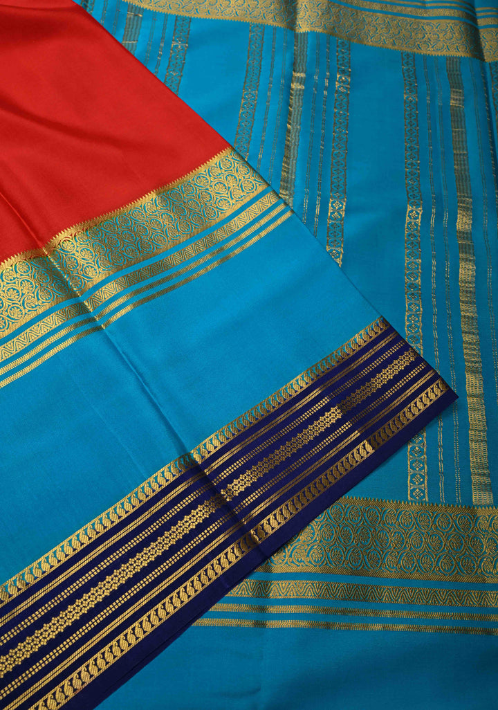 Carmine Red Mysore Silk Saree with Blue Panel and Zari Border in KSIC Grade Thickness | SILK MARK CERTIFIED