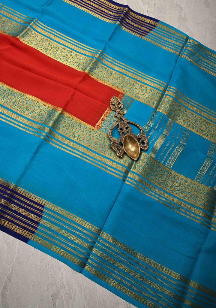 Carmine Red Mysore Silk Saree with Blue Panel and Zari Border in KSIC Grade Thickness | SILK MARK CERTIFIED