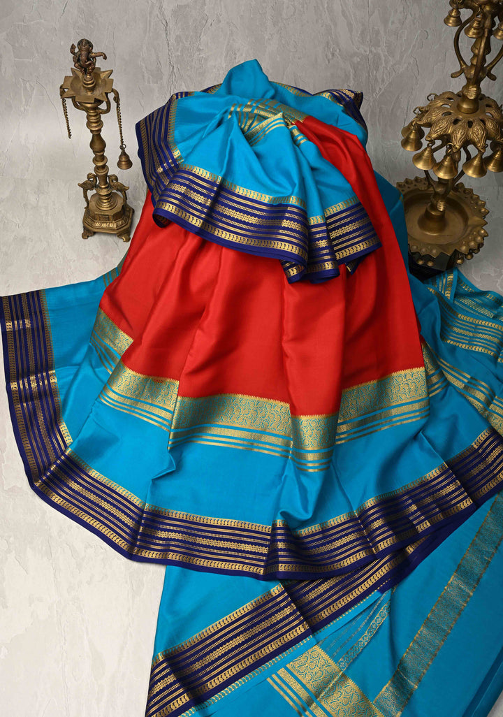 Carmine Red Mysore Silk Saree with Blue Panel and Zari Border in KSIC Grade Thickness | SILK MARK CERTIFIED