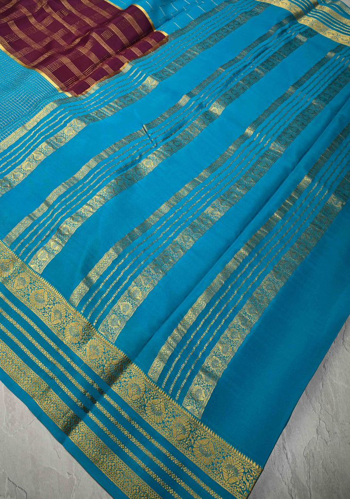 Plum-Cyan Panel Design on Pure Mysore Silk Saree with Podi-Kattam Zari Checks and Zari Border in KSIC Grade Thickness | SILK MARK CERTIFIED