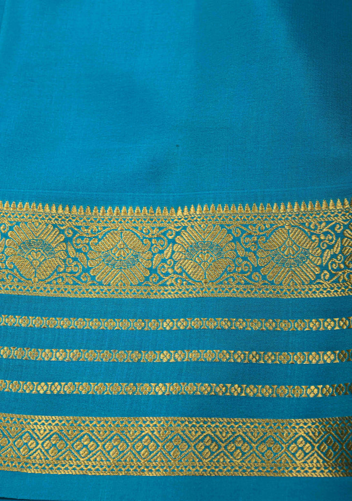 Plum-Cyan Panel Design on Pure Mysore Silk Saree with Podi-Kattam Zari Checks and Zari Border in KSIC Grade Thickness | SILK MARK CERTIFIED