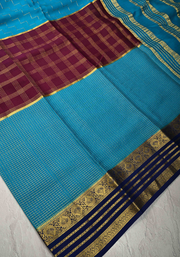 Plum-Cyan Panel Design on Pure Mysore Silk Saree with Podi-Kattam Zari Checks and Zari Border in KSIC Grade Thickness | SILK MARK CERTIFIED
