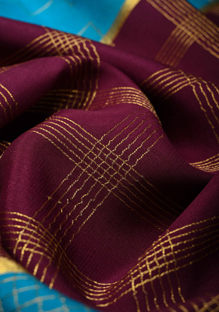 Plum-Cyan Panel Design on Pure Mysore Silk Saree with Podi-Kattam Zari Checks and Zari Border in KSIC Grade Thickness | SILK MARK CERTIFIED