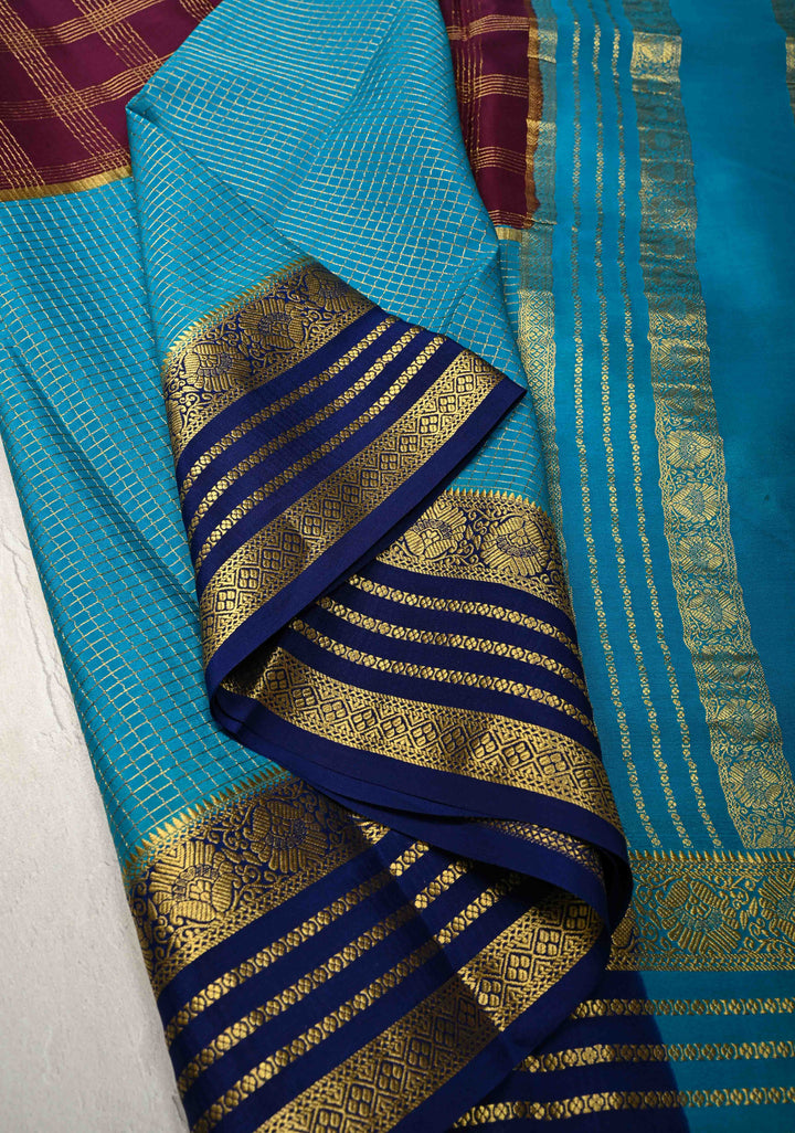 Plum-Cyan Panel Design on Pure Mysore Silk Saree with Podi-Kattam Zari Checks and Zari Border in KSIC Grade Thickness | SILK MARK CERTIFIED