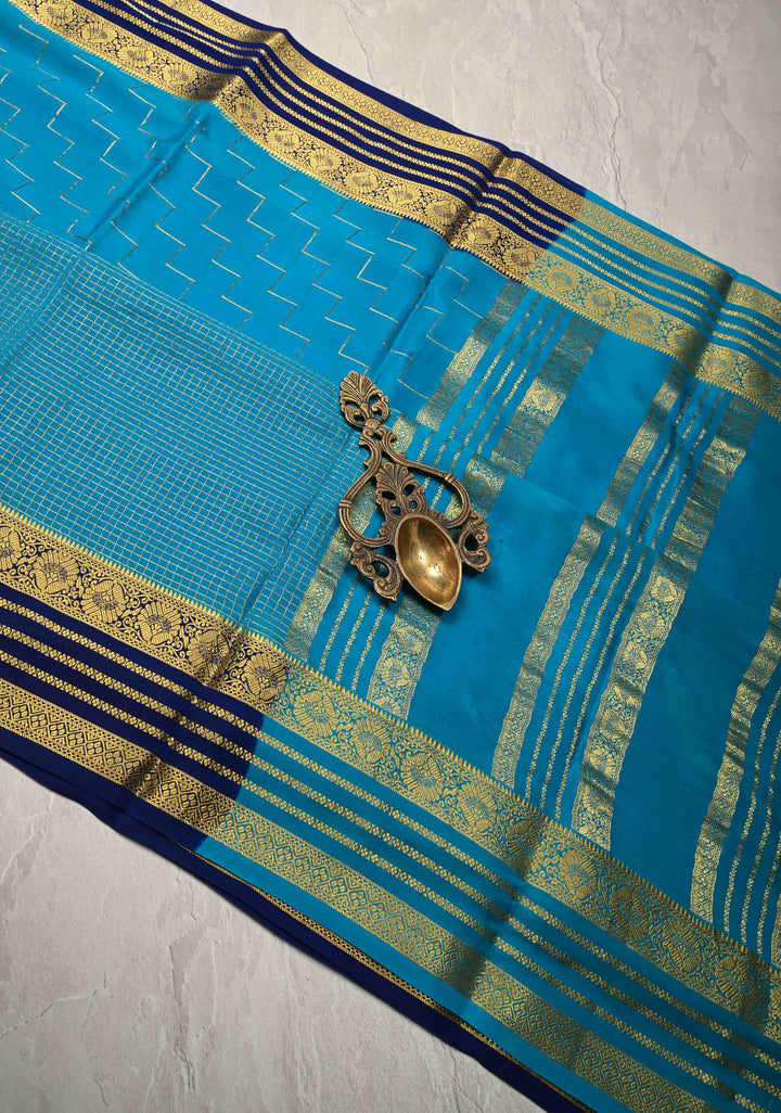 Plum-Cyan Panel Design on Pure Mysore Silk Saree with Podi-Kattam Zari Checks and Zari Border in KSIC Grade Thickness | SILK MARK CERTIFIED