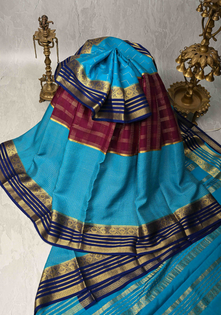 Plum-Cyan Panel Design on Pure Mysore Silk Saree with Podi-Kattam Zari Checks and Zari Border in KSIC Grade Thickness | SILK MARK CERTIFIED