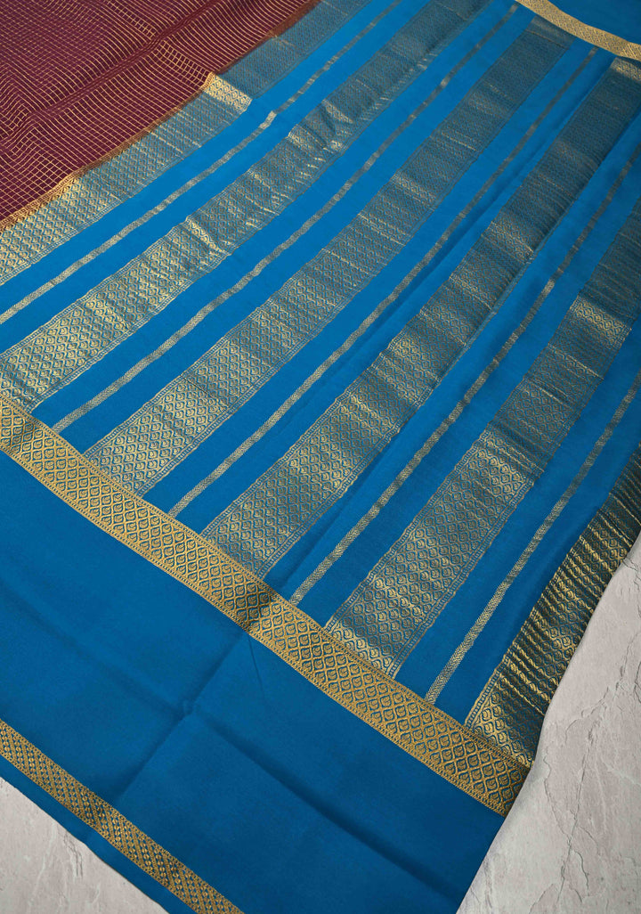 Plum Pure Mysore Silk Saree with Podi-Kattam Zari Checks and Contrast Zari Border in KSIC Grade Thickness | SILK MARK CERTIFIED