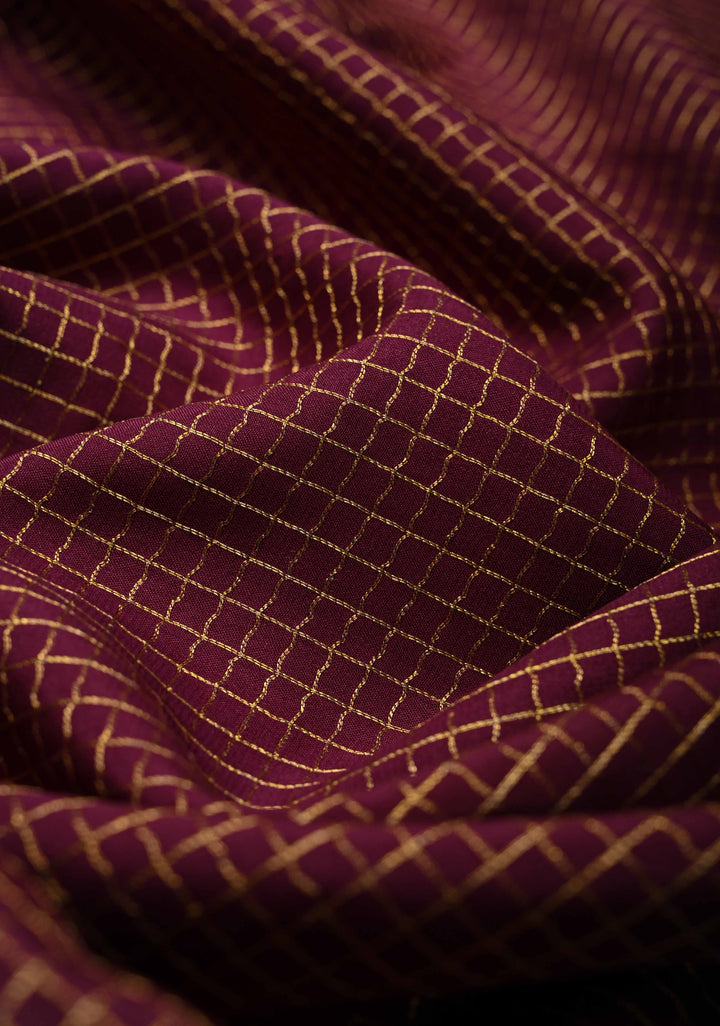 Plum Pure Mysore Silk Saree with Podi-Kattam Zari Checks and Contrast Zari Border in KSIC Grade Thickness | SILK MARK CERTIFIED