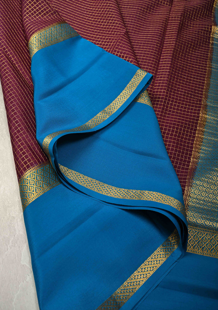 Plum Pure Mysore Silk Saree with Podi-Kattam Zari Checks and Contrast Zari Border in KSIC Grade Thickness | SILK MARK CERTIFIED