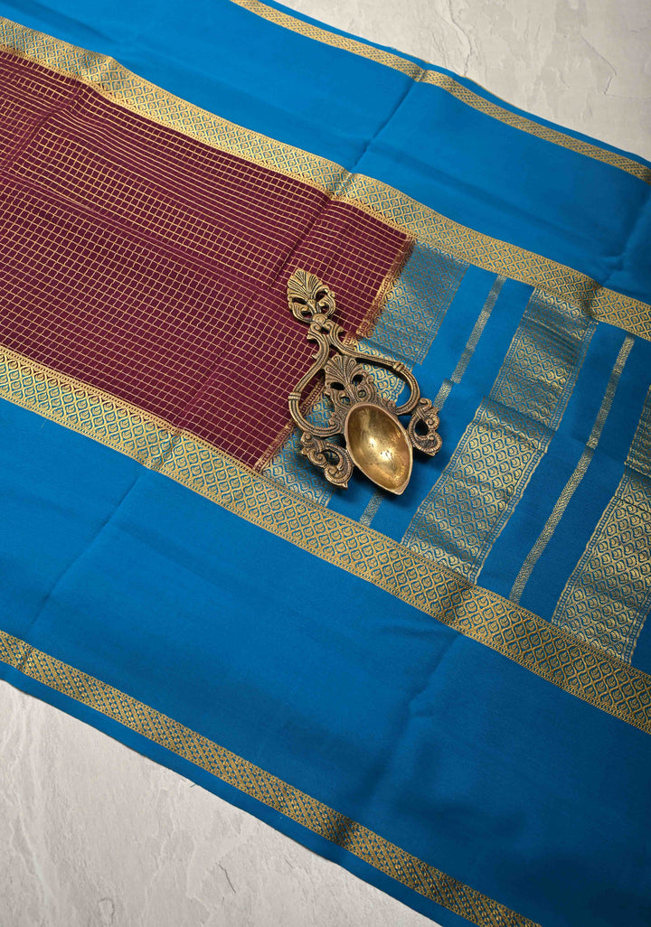 Plum Pure Mysore Silk Saree with Podi-Kattam Zari Checks and Contrast Zari Border in KSIC Grade Thickness | SILK MARK CERTIFIED