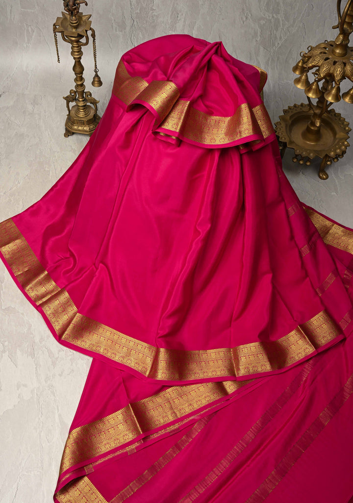 Rani Pink Mysore Silk Saree with Zari Borders in KSIC Grade Thickness | SILK MARK CERTIFIED