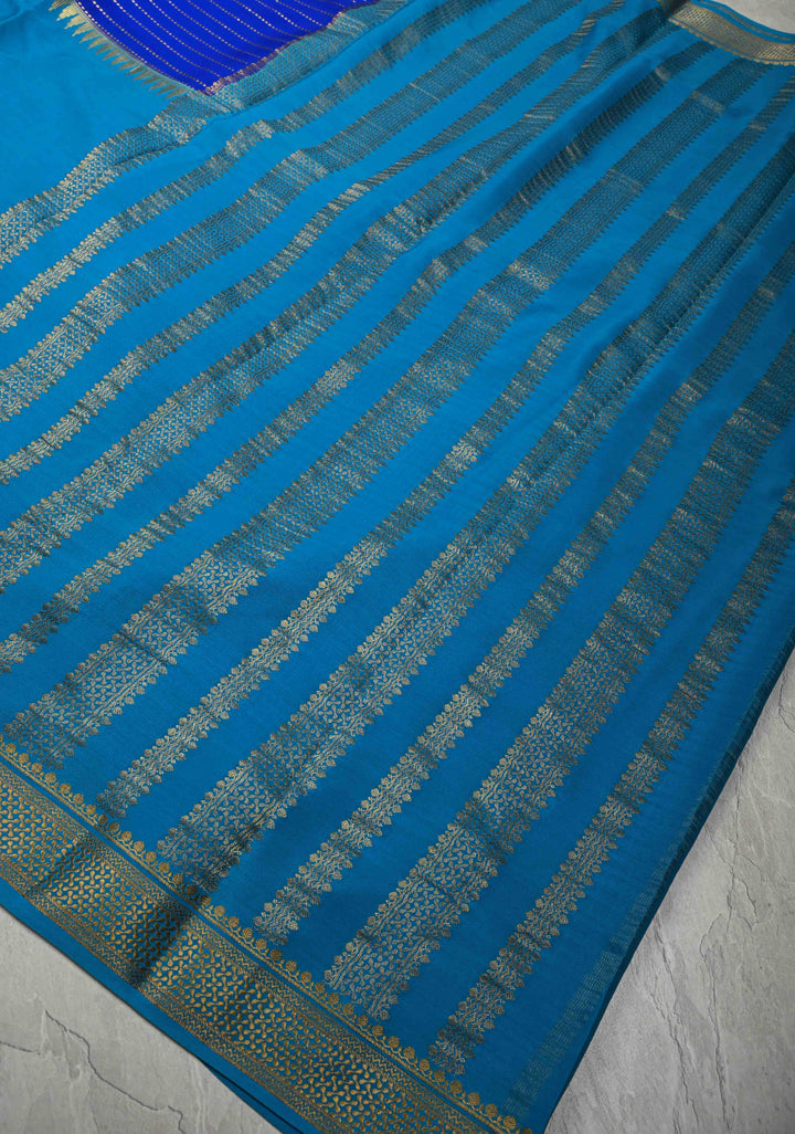 Bluish Cyan Pure Mysore Silk Saree with Zari Stripes on Royal Blue and Zari Border in KSIC Grade Thickness | SILK MARK CERTIFIED