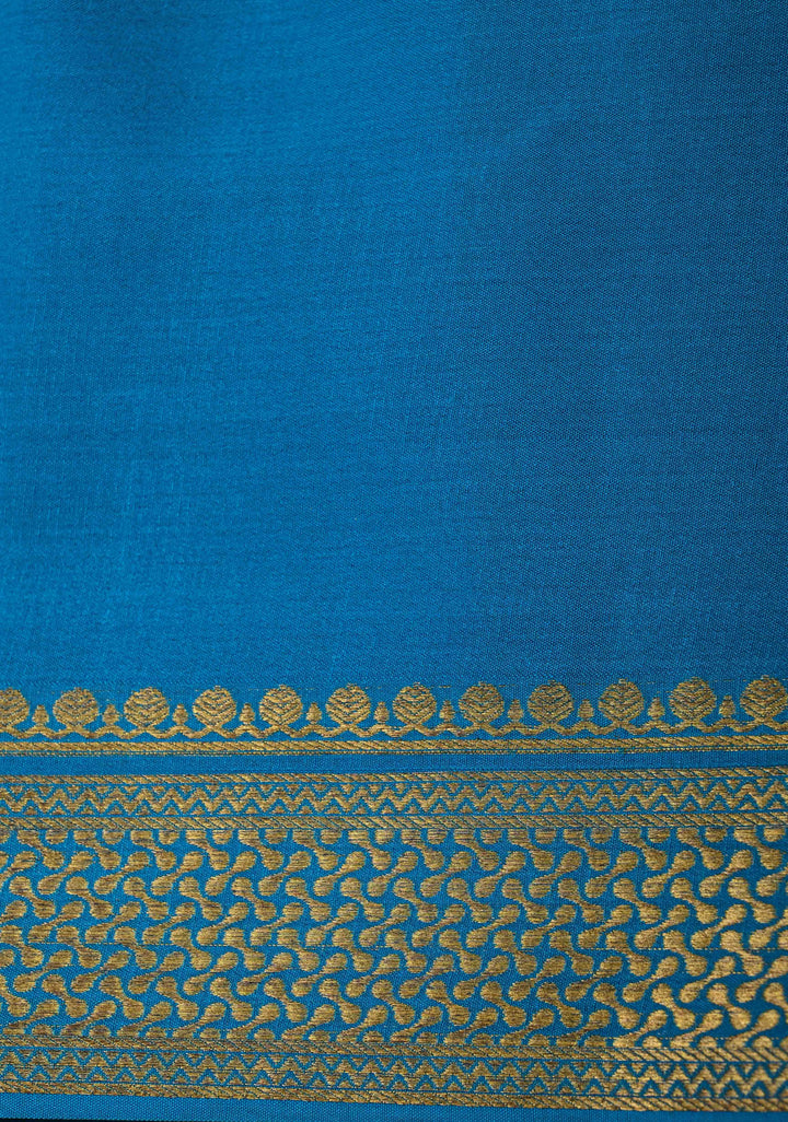 Bluish Cyan Pure Mysore Silk Saree with Zari Stripes on Royal Blue and Zari Border in KSIC Grade Thickness | SILK MARK CERTIFIED