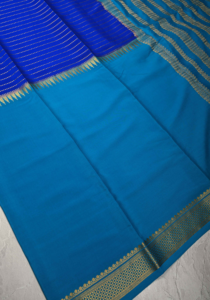 Bluish Cyan Pure Mysore Silk Saree with Zari Stripes on Royal Blue and Zari Border in KSIC Grade Thickness | SILK MARK CERTIFIED