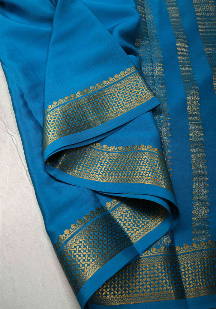 Bluish Cyan Pure Mysore Silk Saree with Zari Stripes on Royal Blue and Zari Border in KSIC Grade Thickness | SILK MARK CERTIFIED