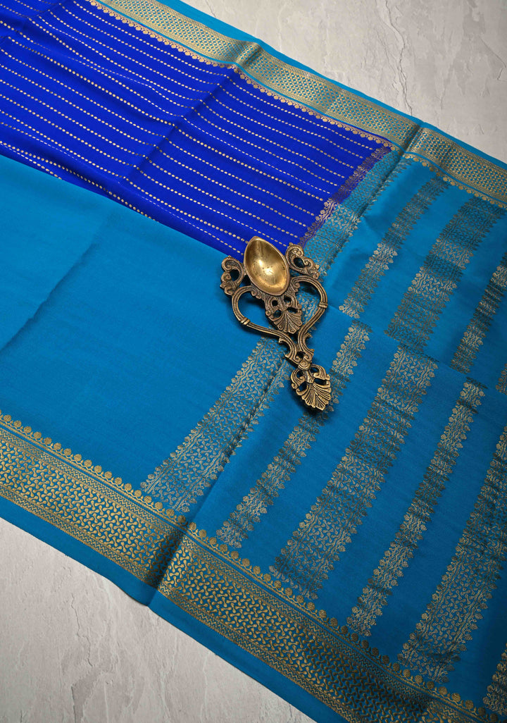 Bluish Cyan Pure Mysore Silk Saree with Zari Stripes on Royal Blue and Zari Border in KSIC Grade Thickness | SILK MARK CERTIFIED