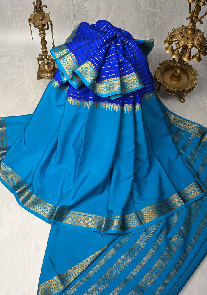Bluish Cyan Pure Mysore Silk Saree with Zari Stripes on Royal Blue and Zari Border in KSIC Grade Thickness | SILK MARK CERTIFIED