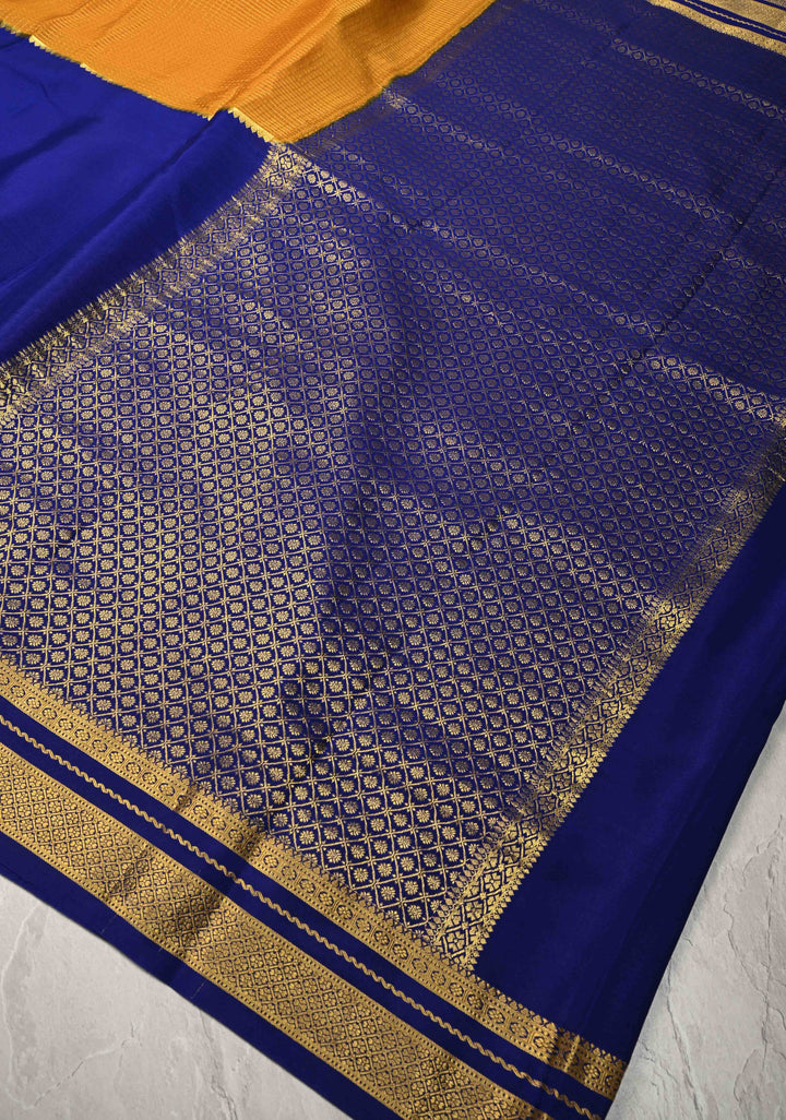 Ink Blue Pure Mysore Silk Saree with Podi-Kattam Zari Checks on Ochre and Zari Border in KSIC Grade Thickness | SILK MARK CERTIFIED