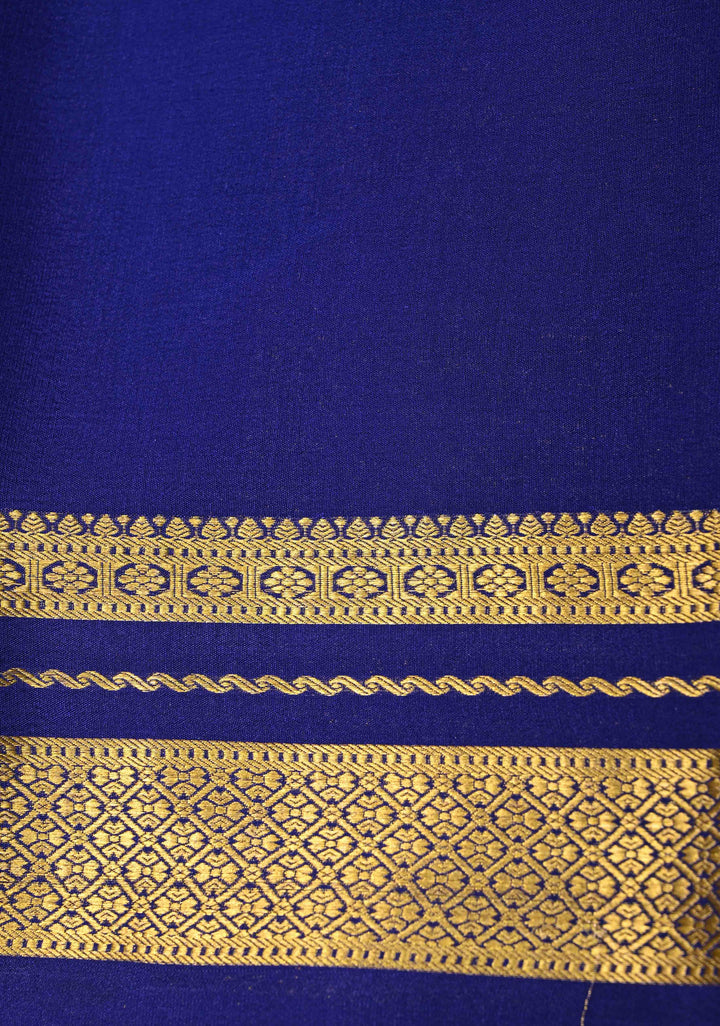 Ink Blue Pure Mysore Silk Saree with Podi-Kattam Zari Checks on Ochre and Zari Border in KSIC Grade Thickness | SILK MARK CERTIFIED
