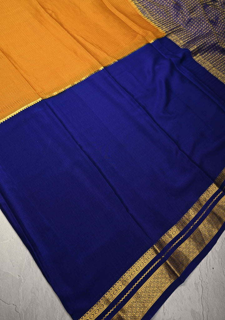 Ink Blue Pure Mysore Silk Saree with Podi-Kattam Zari Checks on Ochre and Zari Border in KSIC Grade Thickness | SILK MARK CERTIFIED