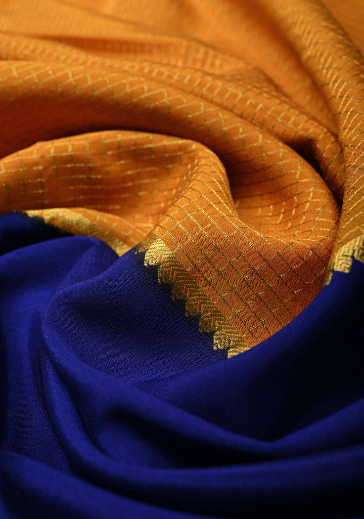 Ink Blue Pure Mysore Silk Saree with Podi-Kattam Zari Checks on Ochre and Zari Border in KSIC Grade Thickness | SILK MARK CERTIFIED