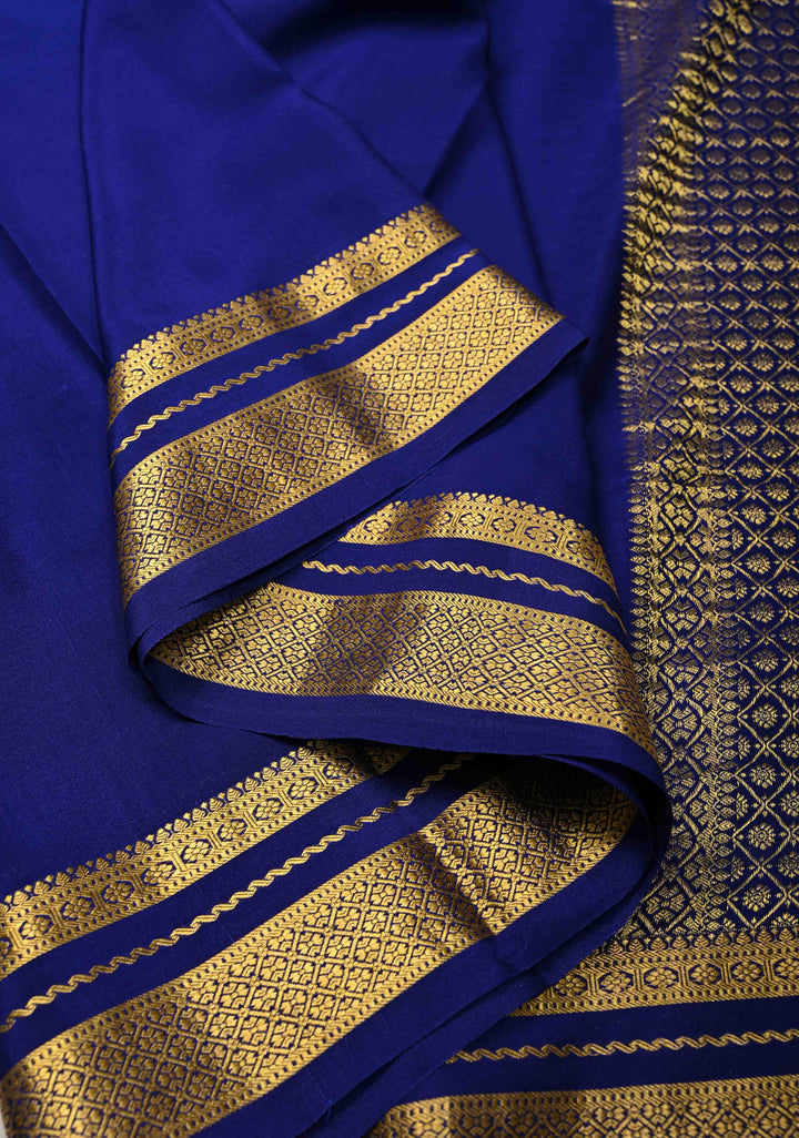 Ink Blue Pure Mysore Silk Saree with Podi-Kattam Zari Checks on Ochre and Zari Border in KSIC Grade Thickness | SILK MARK CERTIFIED