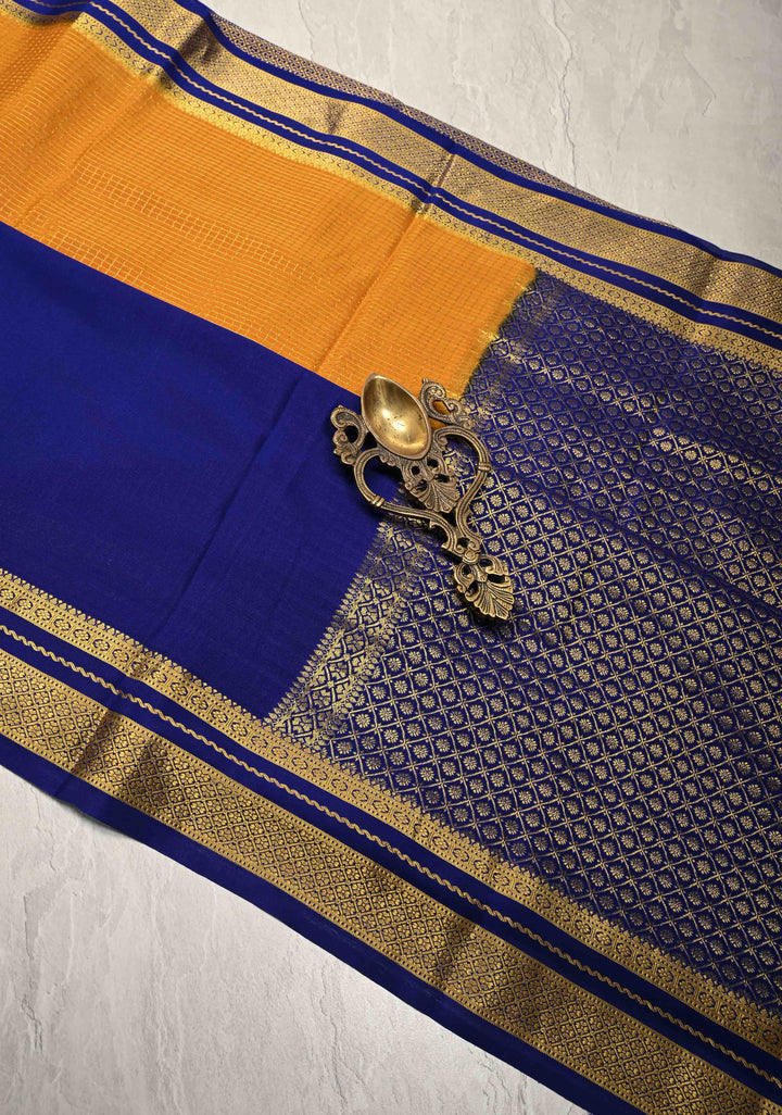Ink Blue Pure Mysore Silk Saree with Podi-Kattam Zari Checks on Ochre and Zari Border in KSIC Grade Thickness | SILK MARK CERTIFIED