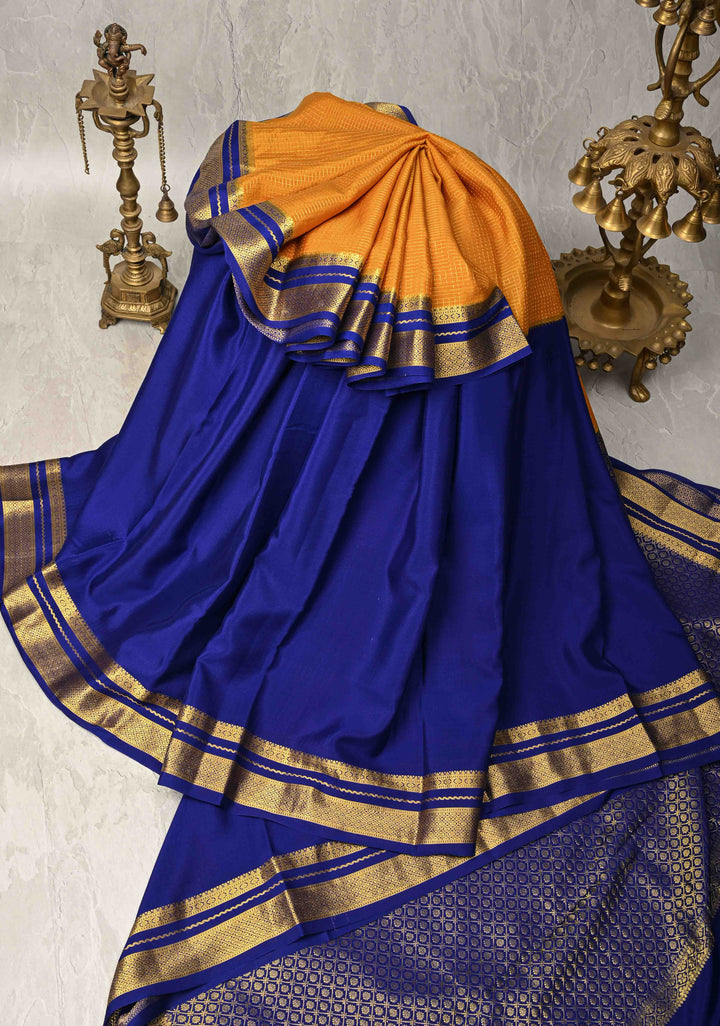 Ink Blue Pure Mysore Silk Saree with Podi-Kattam Zari Checks on Ochre and Zari Border in KSIC Grade Thickness | SILK MARK CERTIFIED