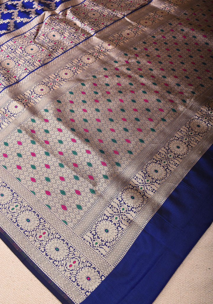 Blue Pure Katan Silk saree with Trendy Meenakari design and Zari borders | SILK MARK CERTIFIED