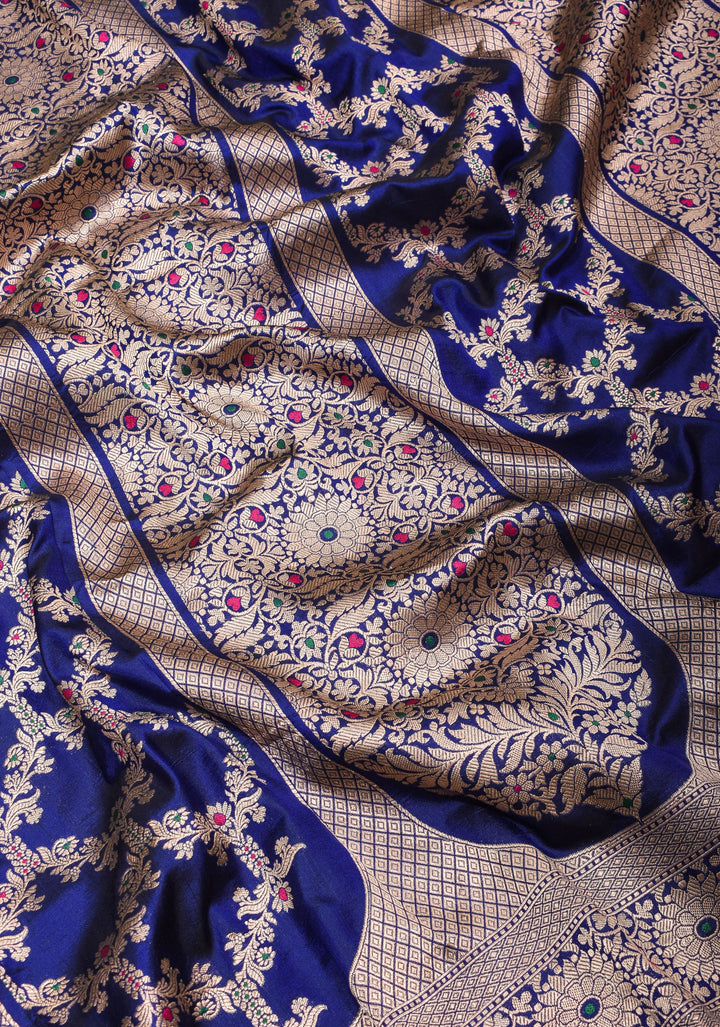 Blue Pure Katan Silk saree with Trendy Meenakari design and Zari borders | SILK MARK CERTIFIED