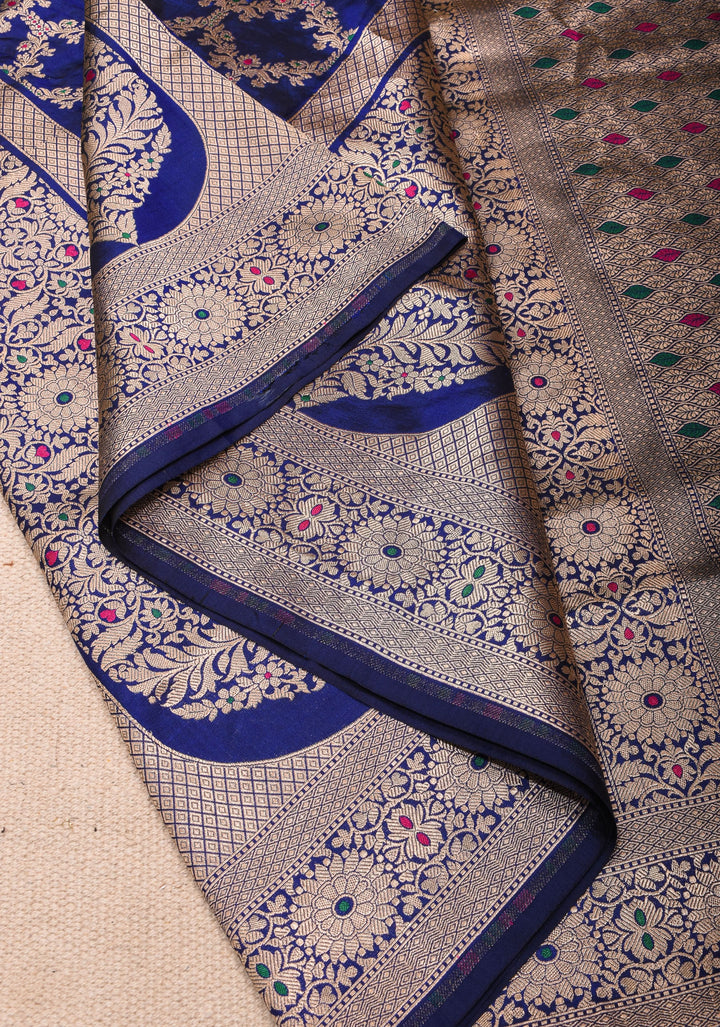 Blue Pure Katan Silk saree with Trendy Meenakari design and Zari borders | SILK MARK CERTIFIED