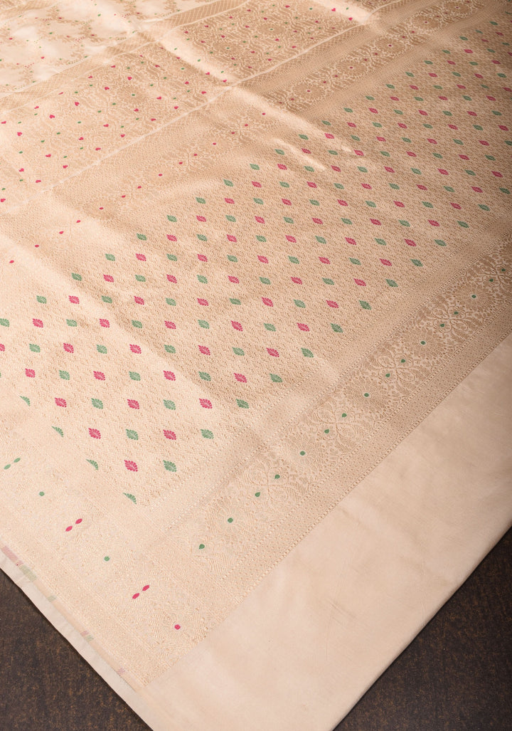 Ivory Banarasi Katan Silk Saree with Trendy Jharokha Meenakari design and Zari borders| SILK MARK CERTIFIED