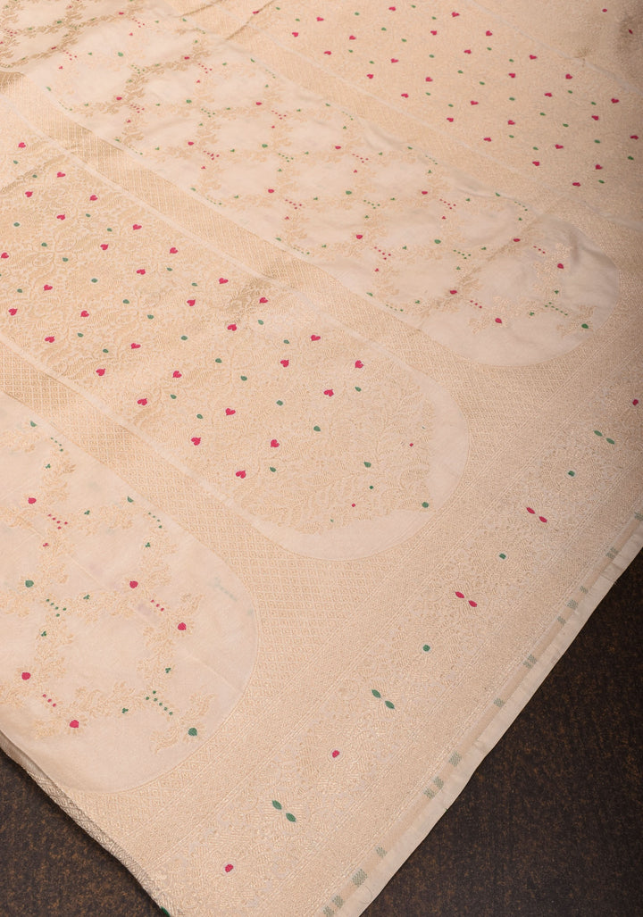 Ivory Banarasi Katan Silk Saree with Trendy Jharokha Meenakari design and Zari borders| SILK MARK CERTIFIED