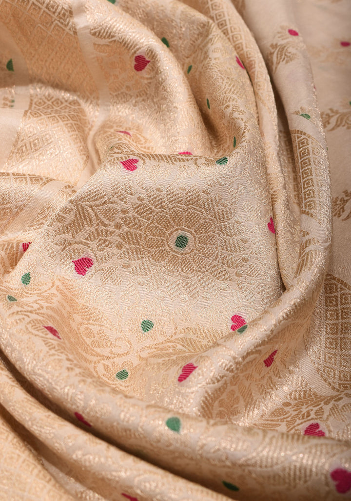 Ivory Banarasi Katan Silk Saree with Trendy Jharokha Meenakari design and Zari borders| SILK MARK CERTIFIED